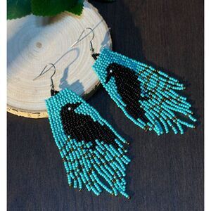 Seed Beaded Black Bird & Turquoise Dangle Earrings 4.3" L